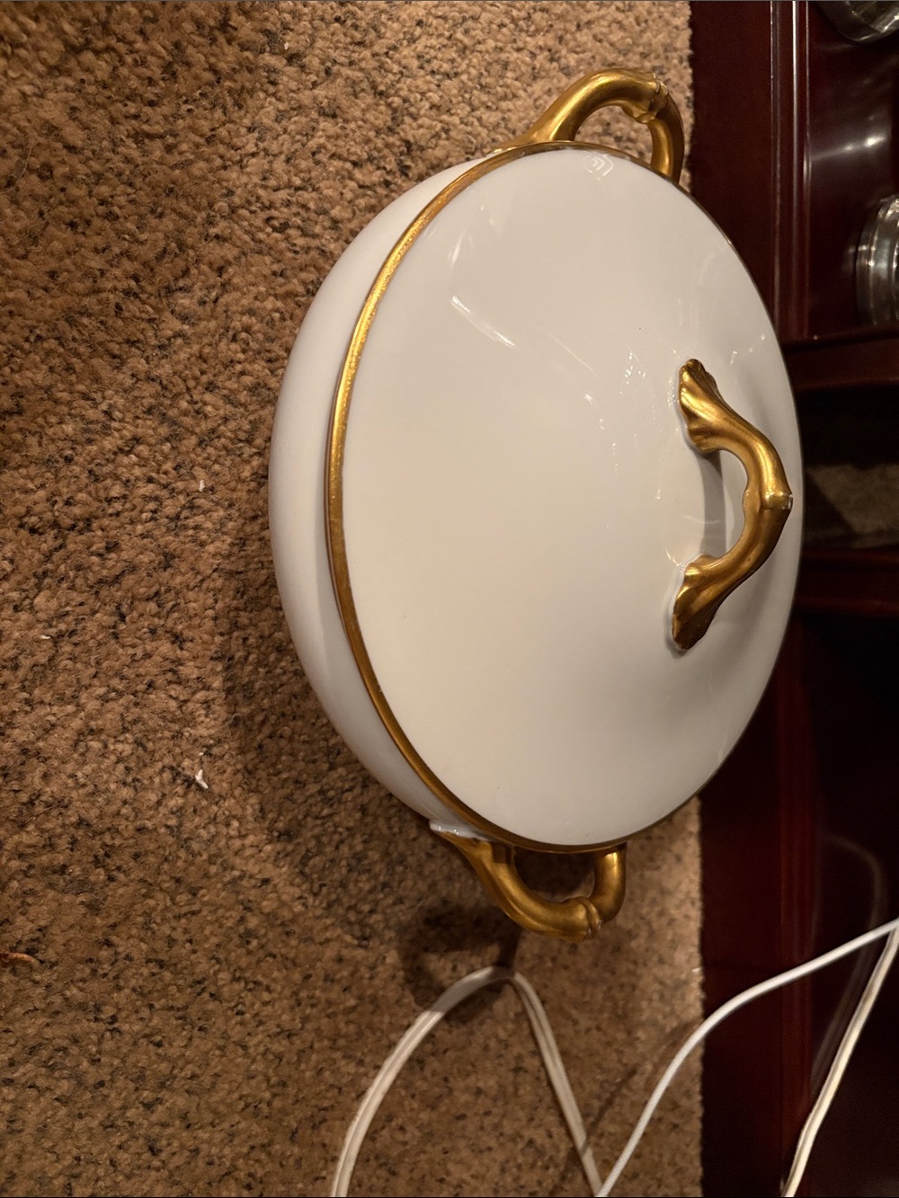 White and Gold Covered Serving Dish with Decorative Handles